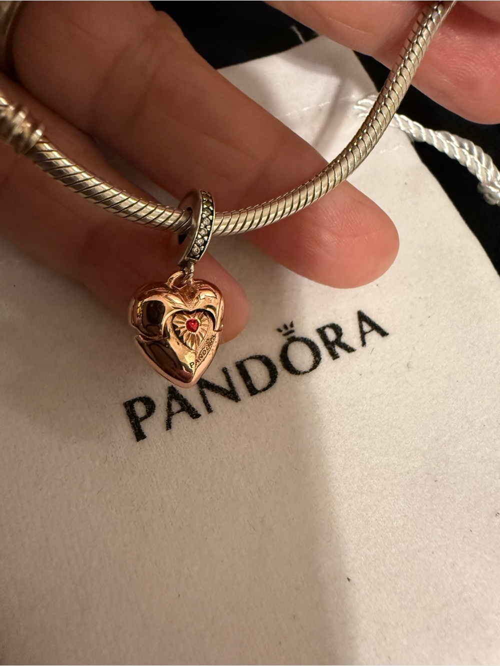 Pandora Rose Gold Heart Dangle Charm with Red Accent - Picture 2 of 7